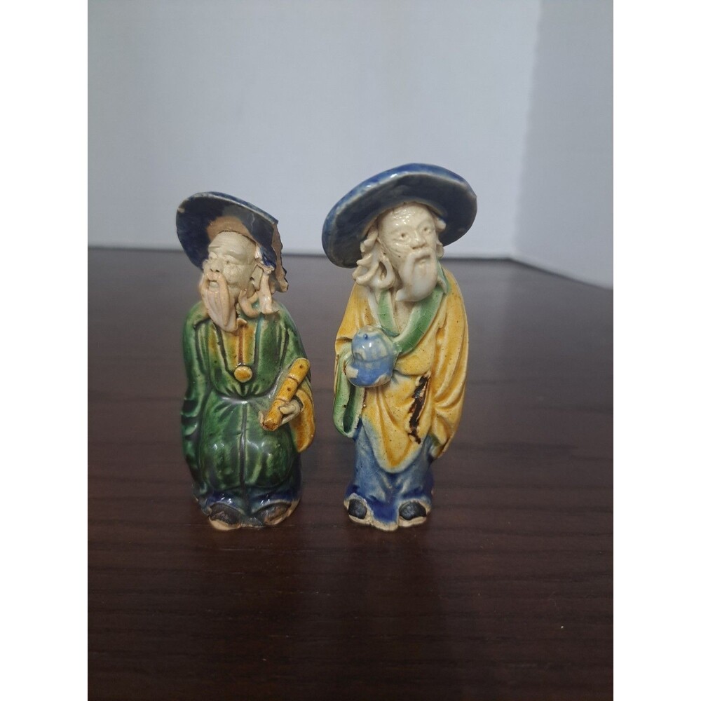 Lot Of 2 Vintage Shiwan Mudman Clay Figurines